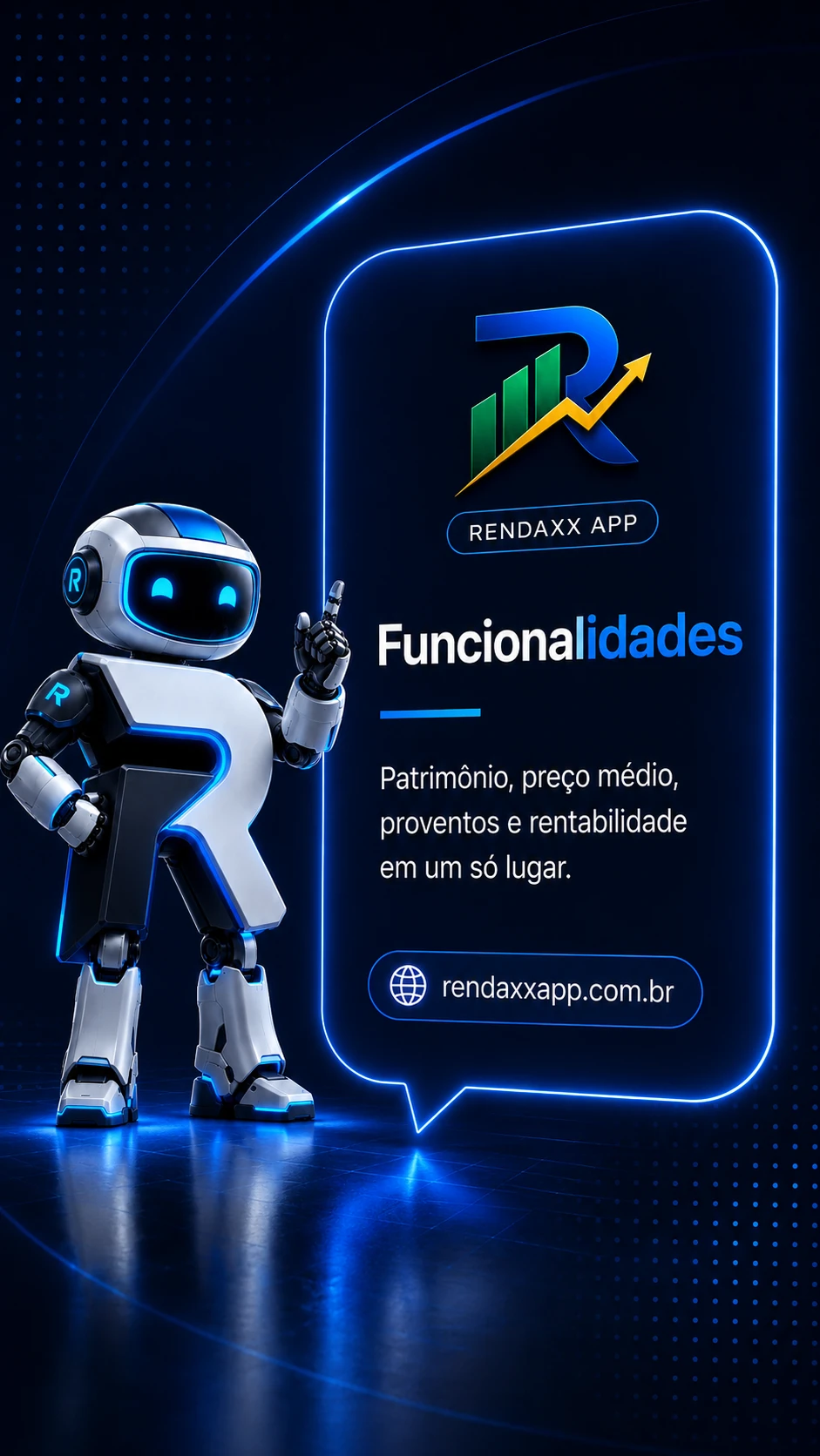 Funcionalidades — Patrimônio, preço médio, proventos e rentabilidade em um só lugar.