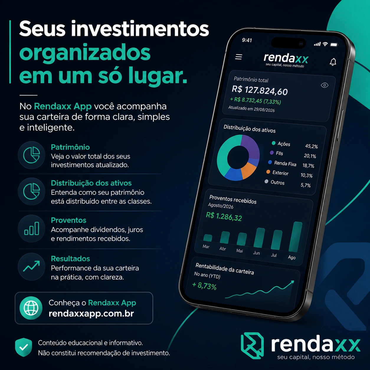 Investimentos organizados — Acompanhe patrimônio, distribuição dos ativos, proventos e resultados em uma experiência clara e acessível.